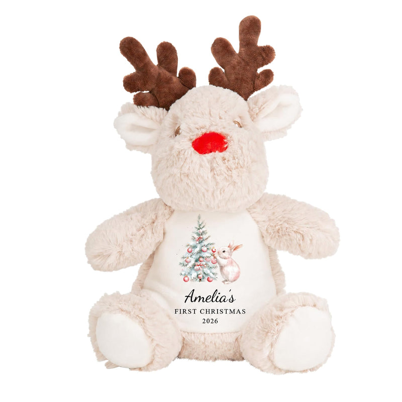 Personalised 1st Christmas Pink Rabbit Tree Reindeer Soft Toy showing rabbit and tree