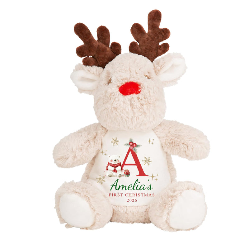 Personalised First Christmas Reindeer Polar Bear Soft Toy with Name and Initial