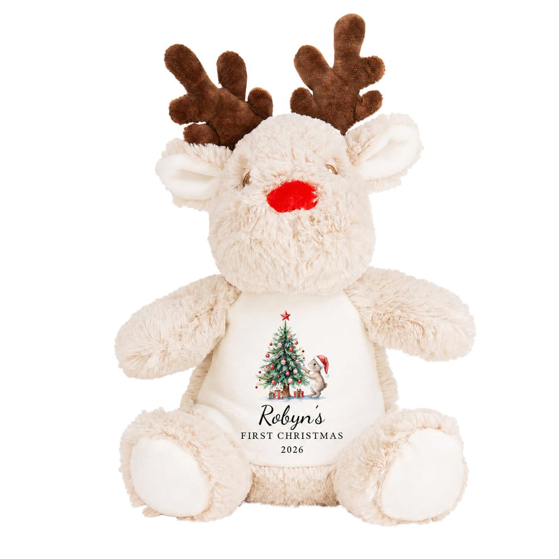 Personalised 1st Christmas Red Reindeer Soft Toy showing rabbit and tree