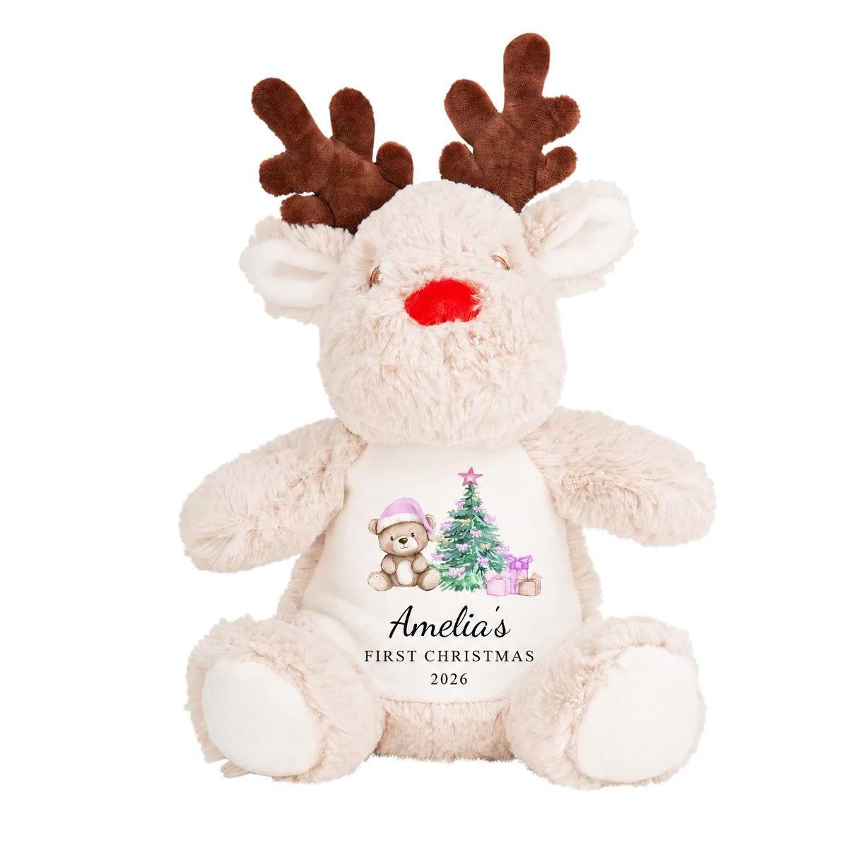 Personalised 1st Christmas Pink Teddy Reindeer Soft Toy showing pink reindeer