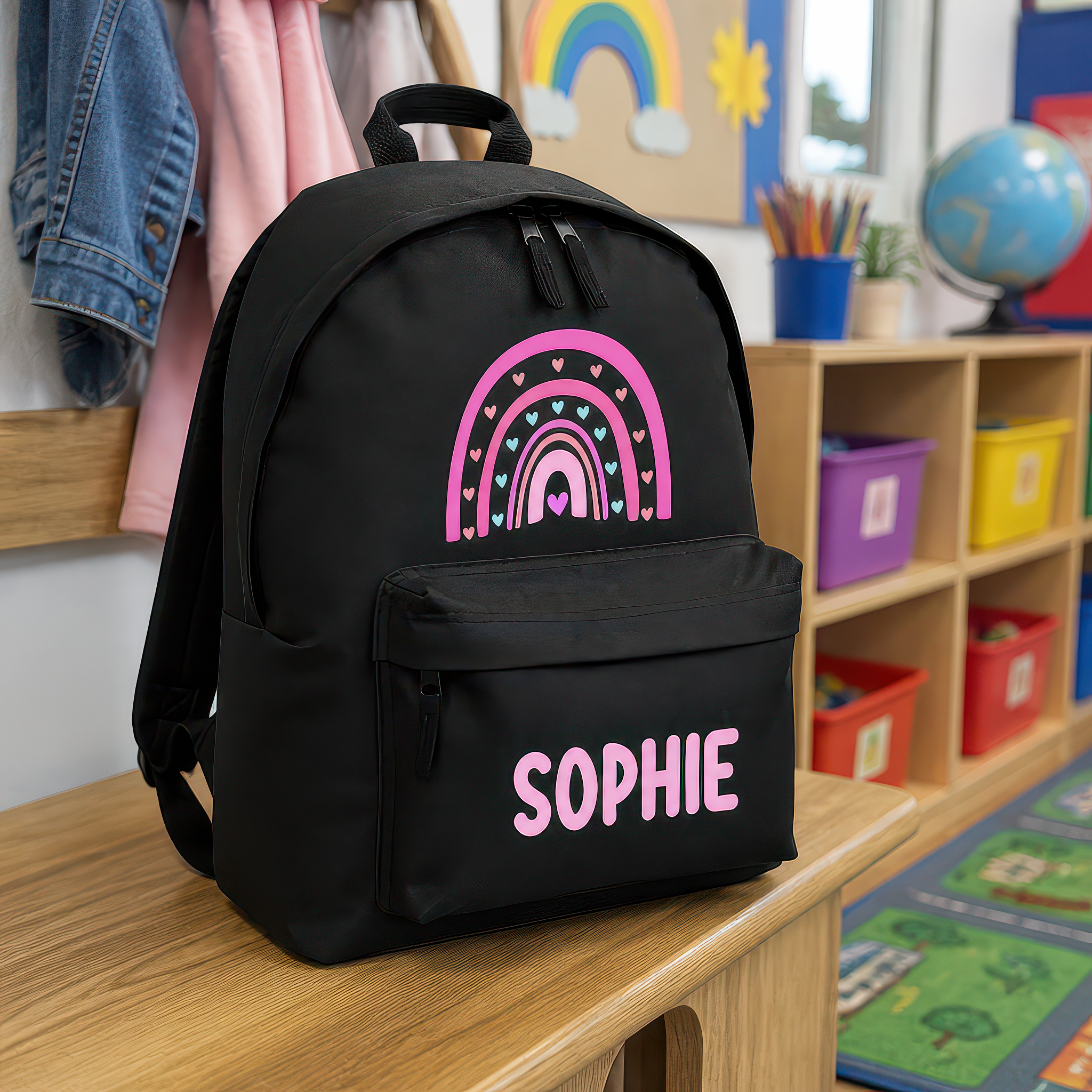 Personalised Pink Rainbow Kids Backpack with Name - alternative view