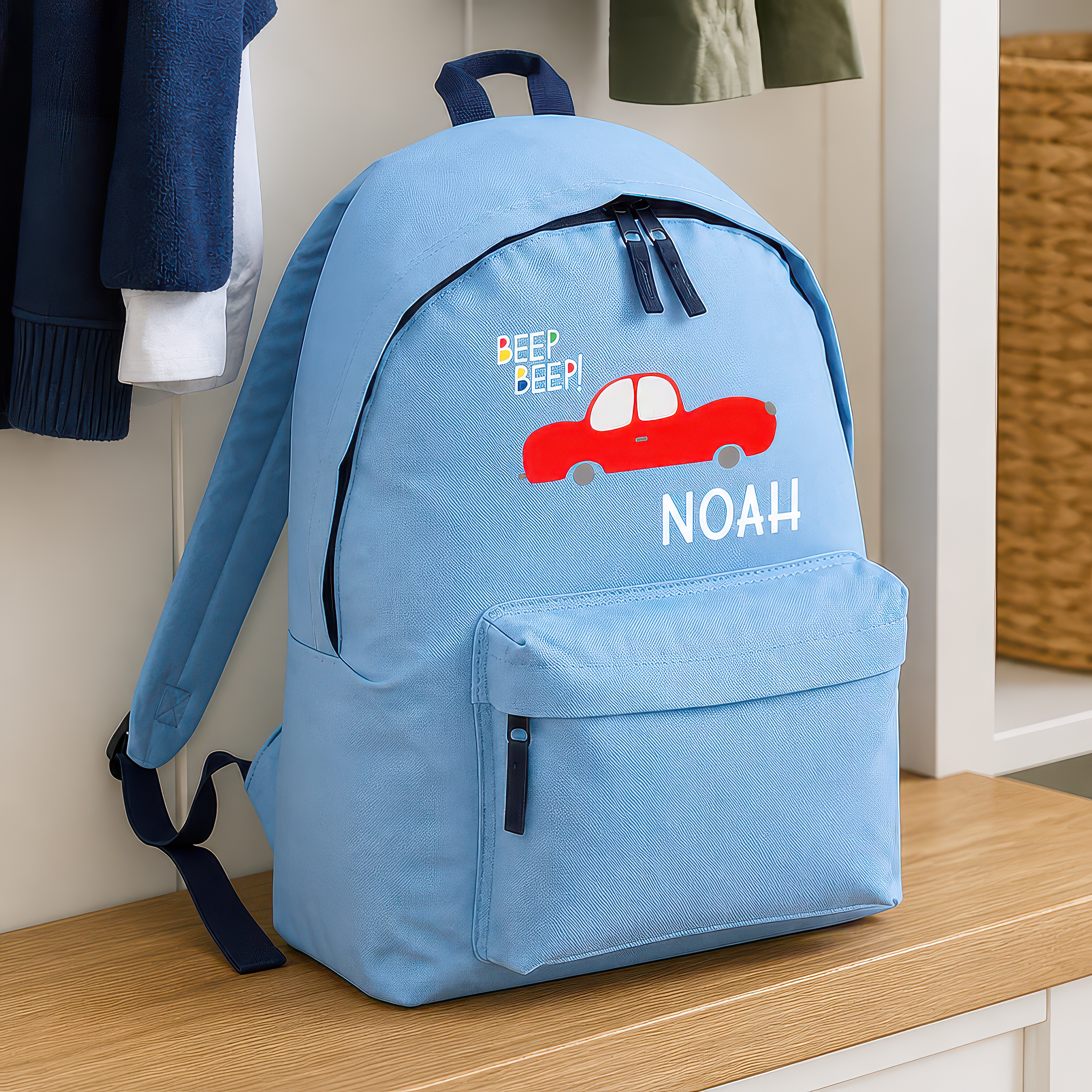 Personalised Beep Beep - Blue Kids Backpack with Name - alternative view