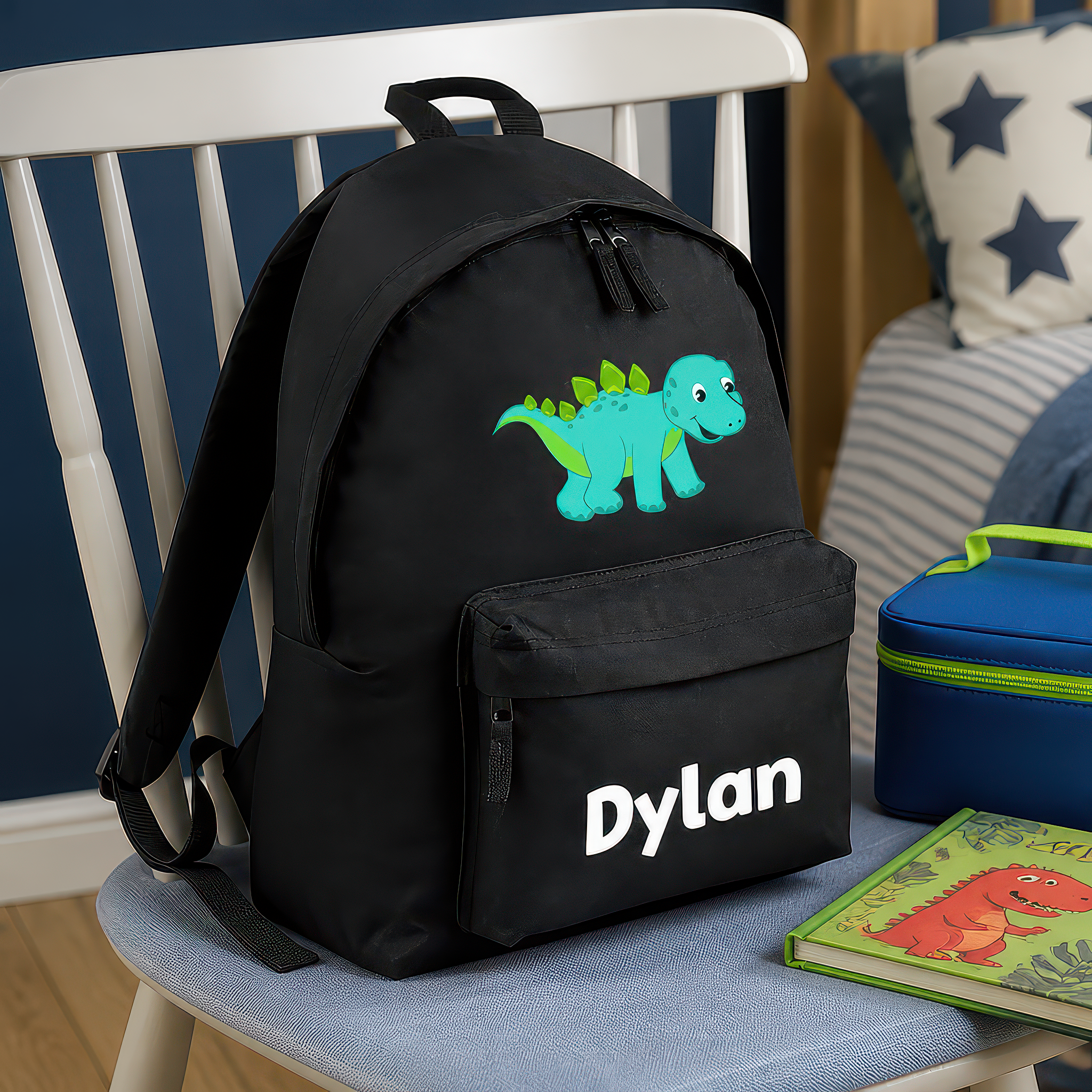 Personalised Cartoon Dinosaur - Black and Turquoise Kids Backpack with Name - alternative view