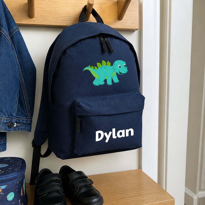 Personalised Cartoon Dinosaur - Navy Blue Kids Backpack with Name