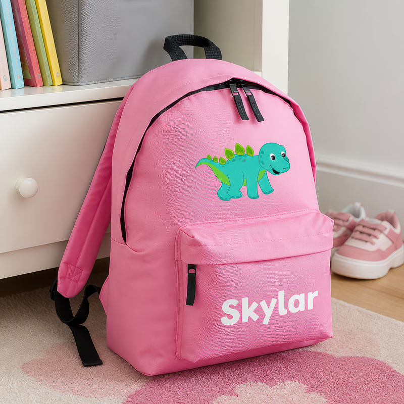 Personalised Cartoon Dinosaur - Pink Kids Backpack with Name - alternative view