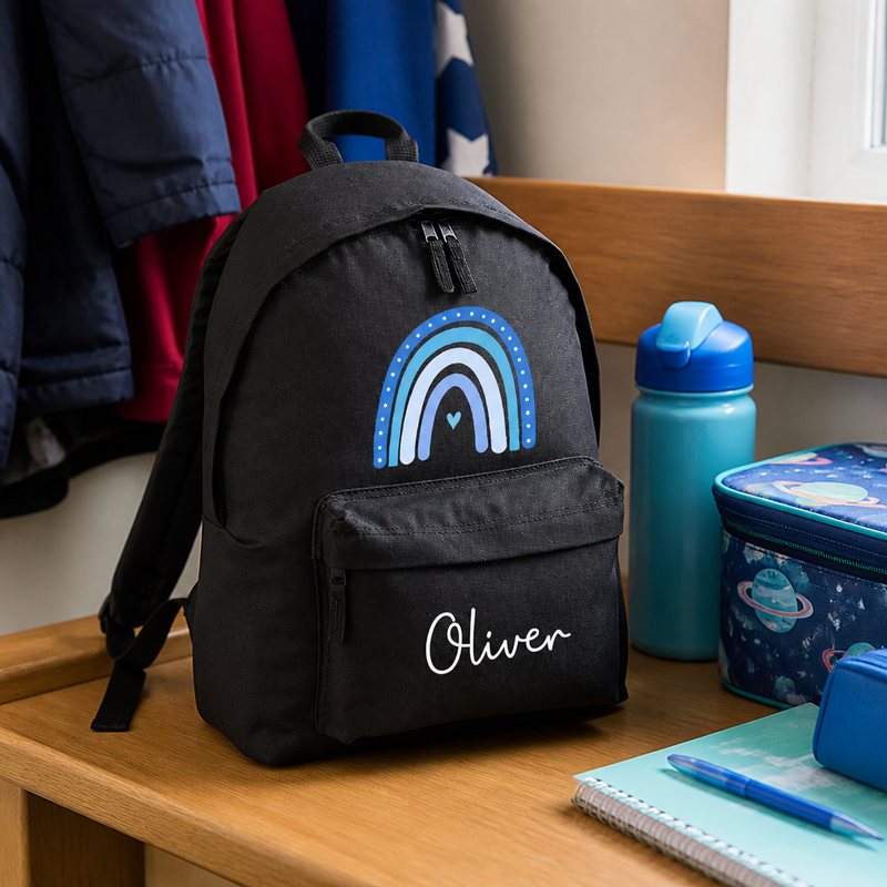 Personalised Blue Rainbow - Black Kids Backpack with Name