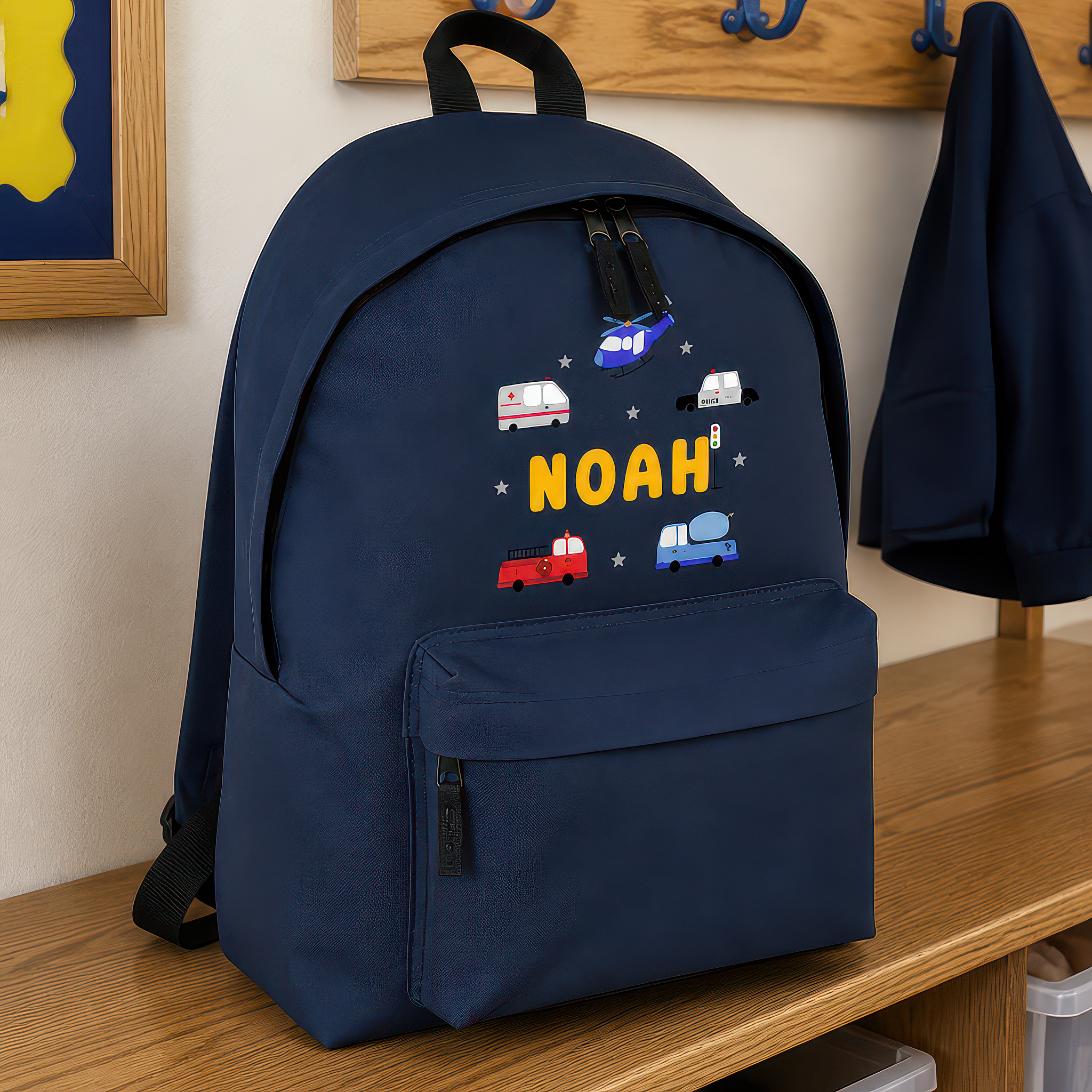 Personalised Vehicles and Stars - Navy Kids Backpack with Name - alternative view