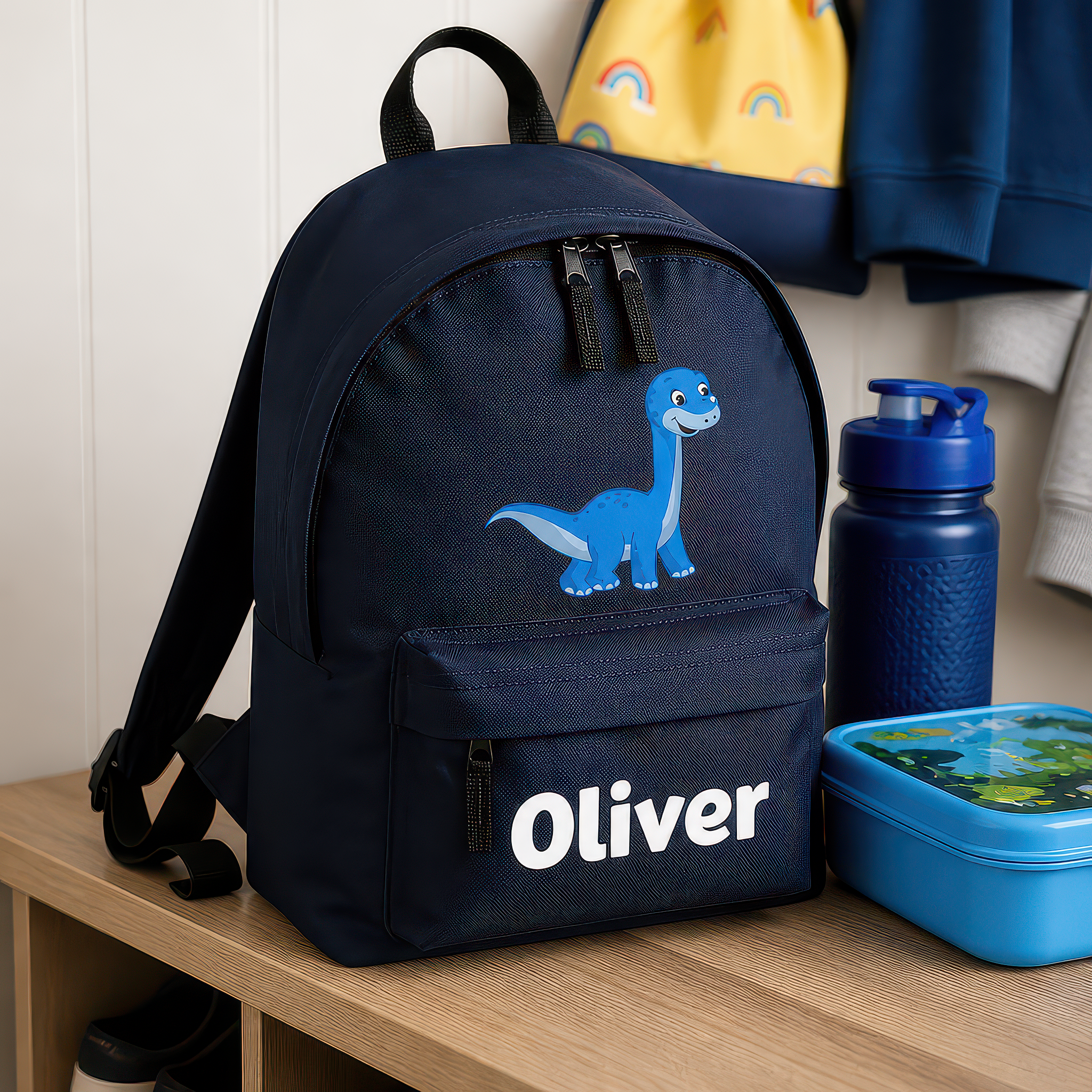 Personalised Dinosaur - Navy Kids Backpack with Name - alternative view