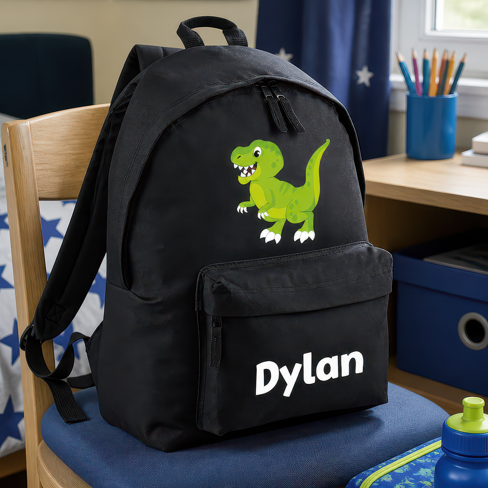 Personalised Cartoon Dinosaur - Black Kids Backpack with Name - alternative view