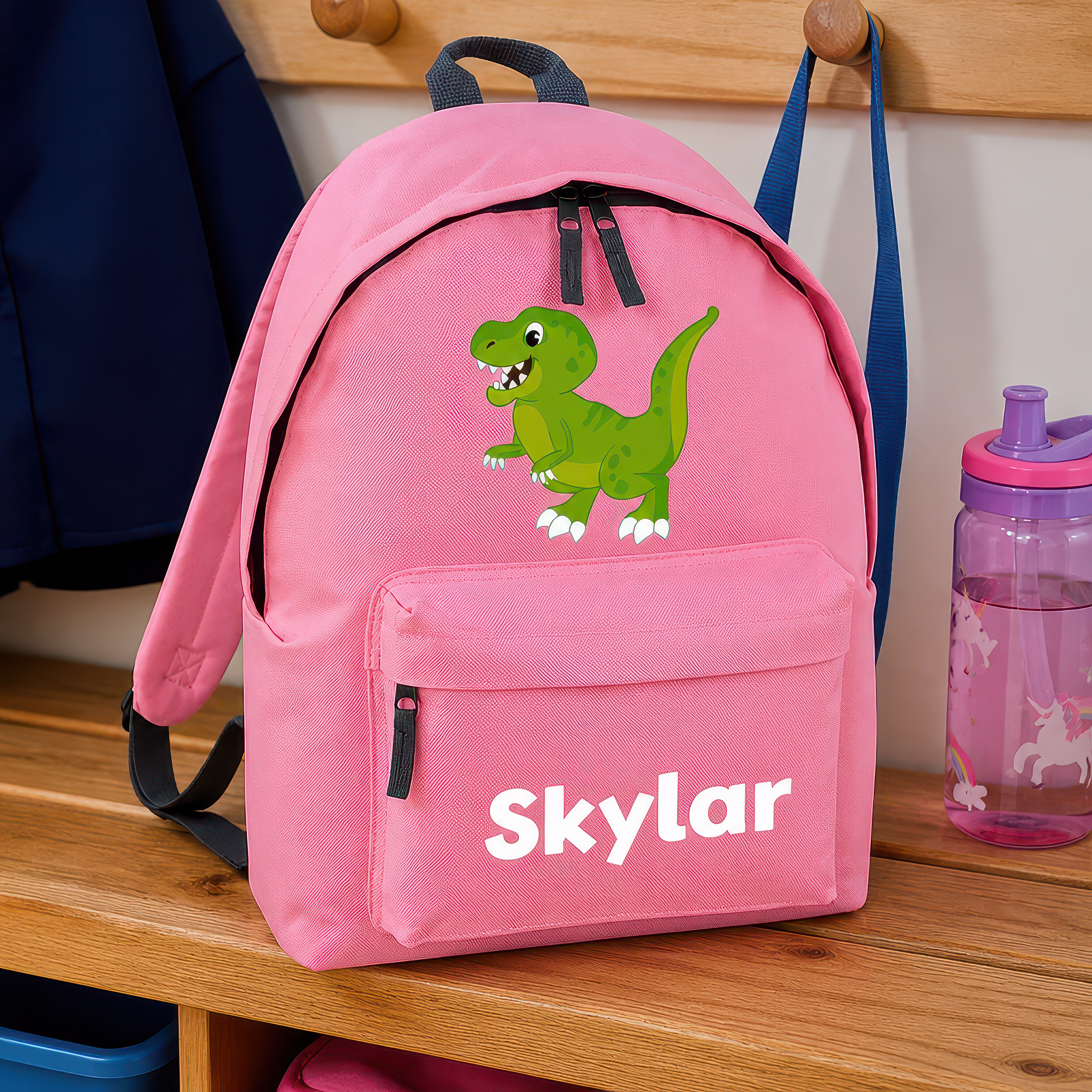 Personalised Cartoon Dinosaur - Pink Kids Backpack with Name - Dinosaur Green - alternative view