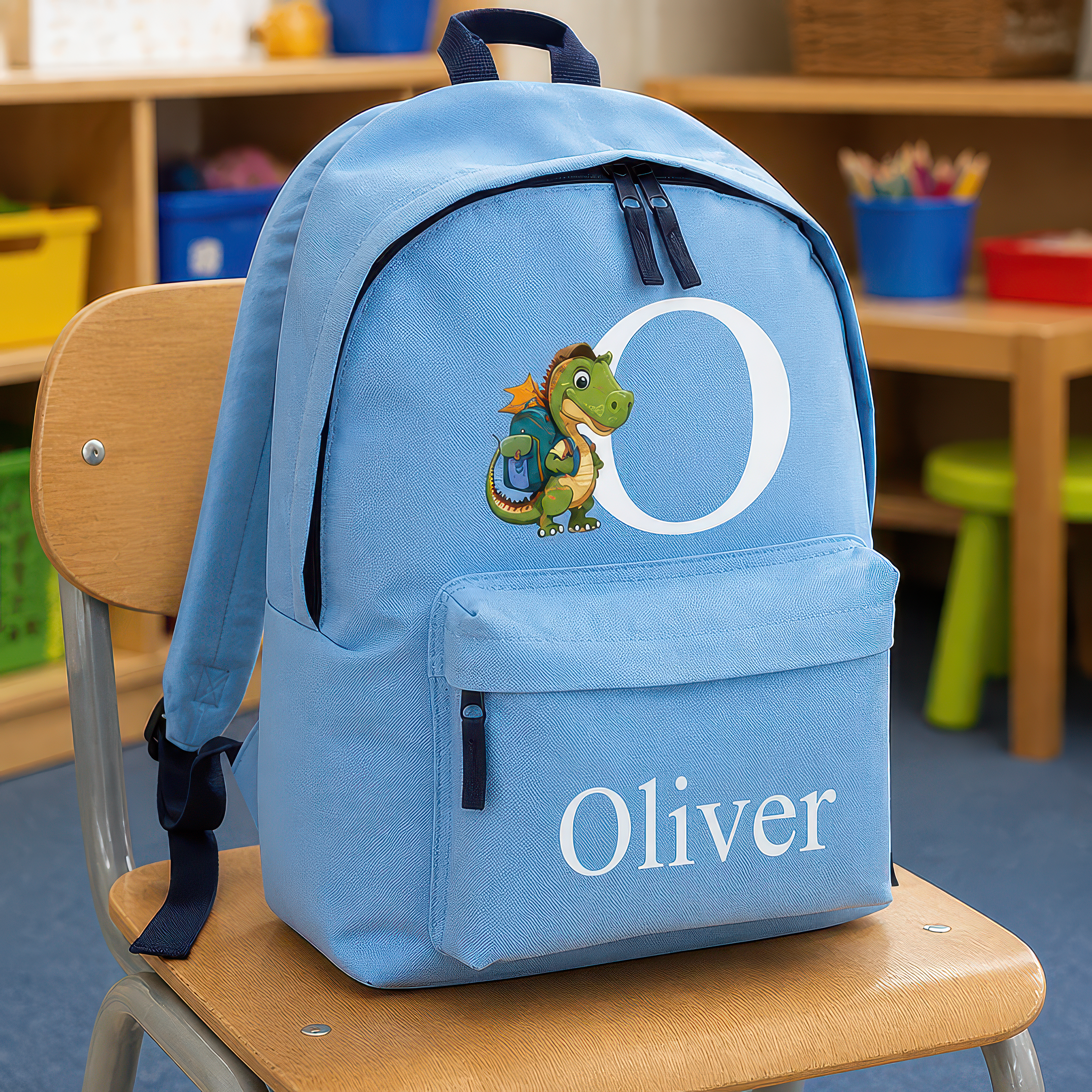 Personalised Dinosaur Initial - Light Blue Kids Backpack with Name and Initial - alternative view