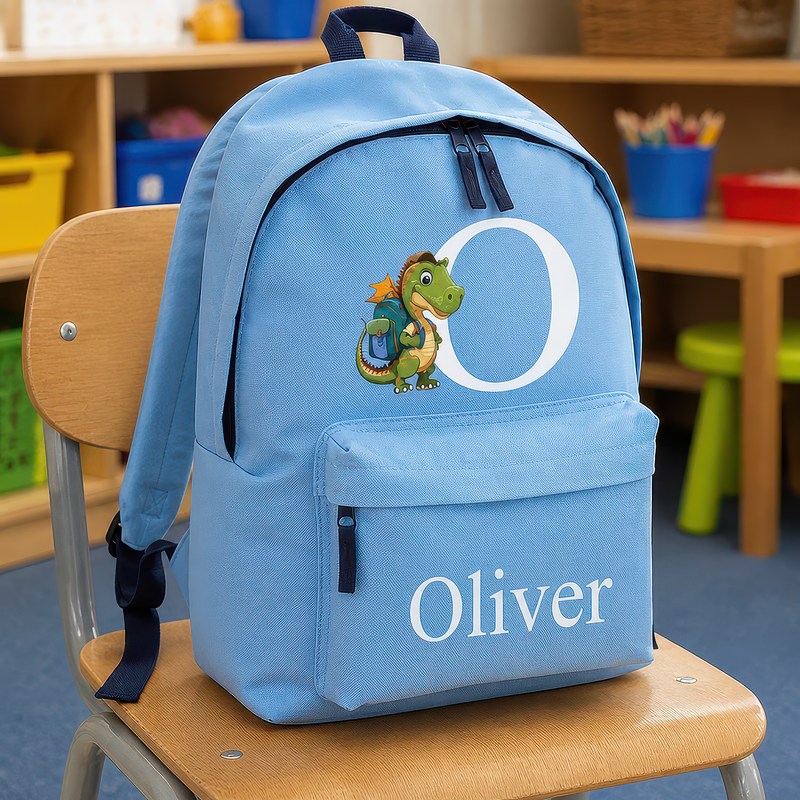 Personalised Dinosaur Initial - Light Blue Kids Backpack with Name and Initial - alternative view
