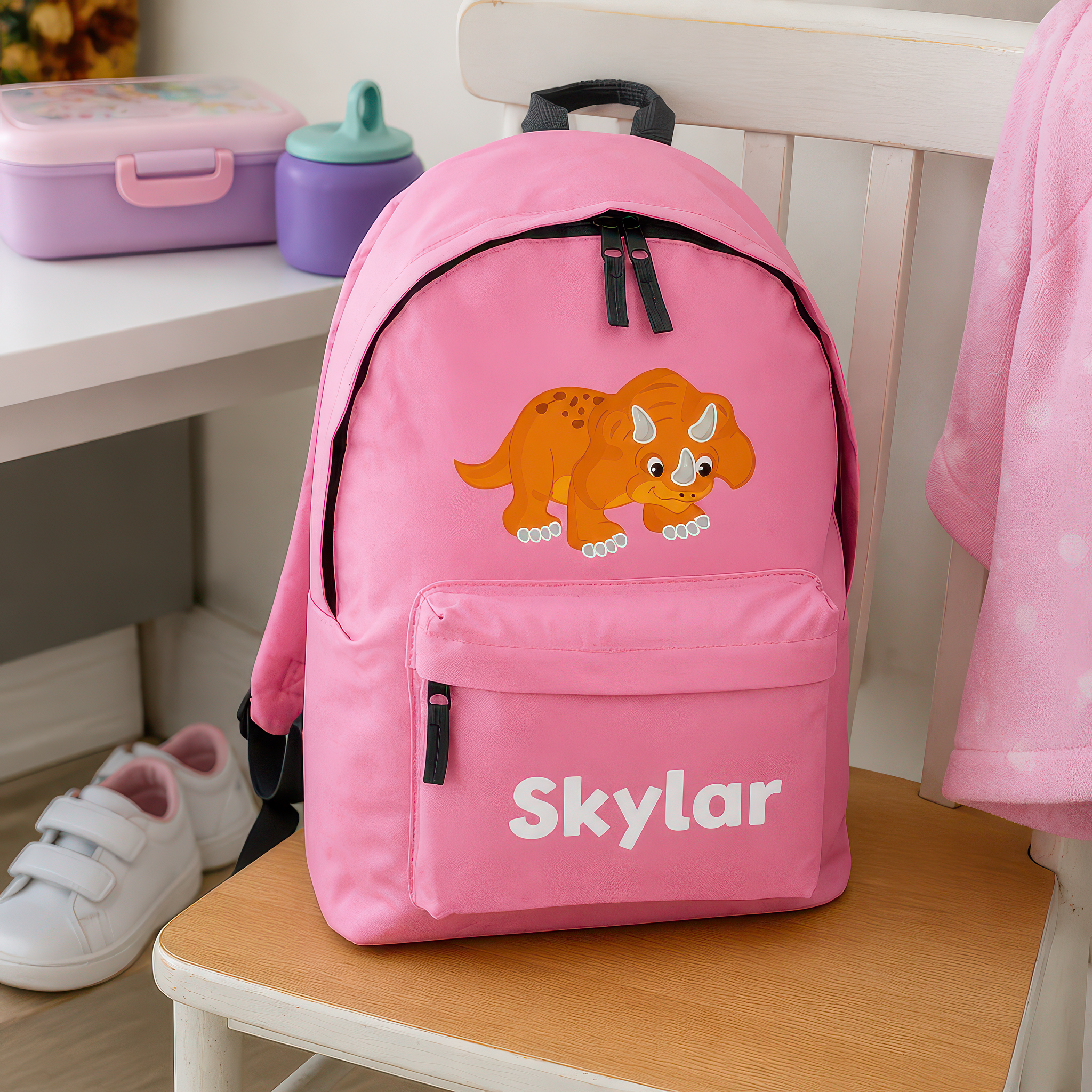Personalised Dinosaur - Pink Kids Backpack with Name - alternative view