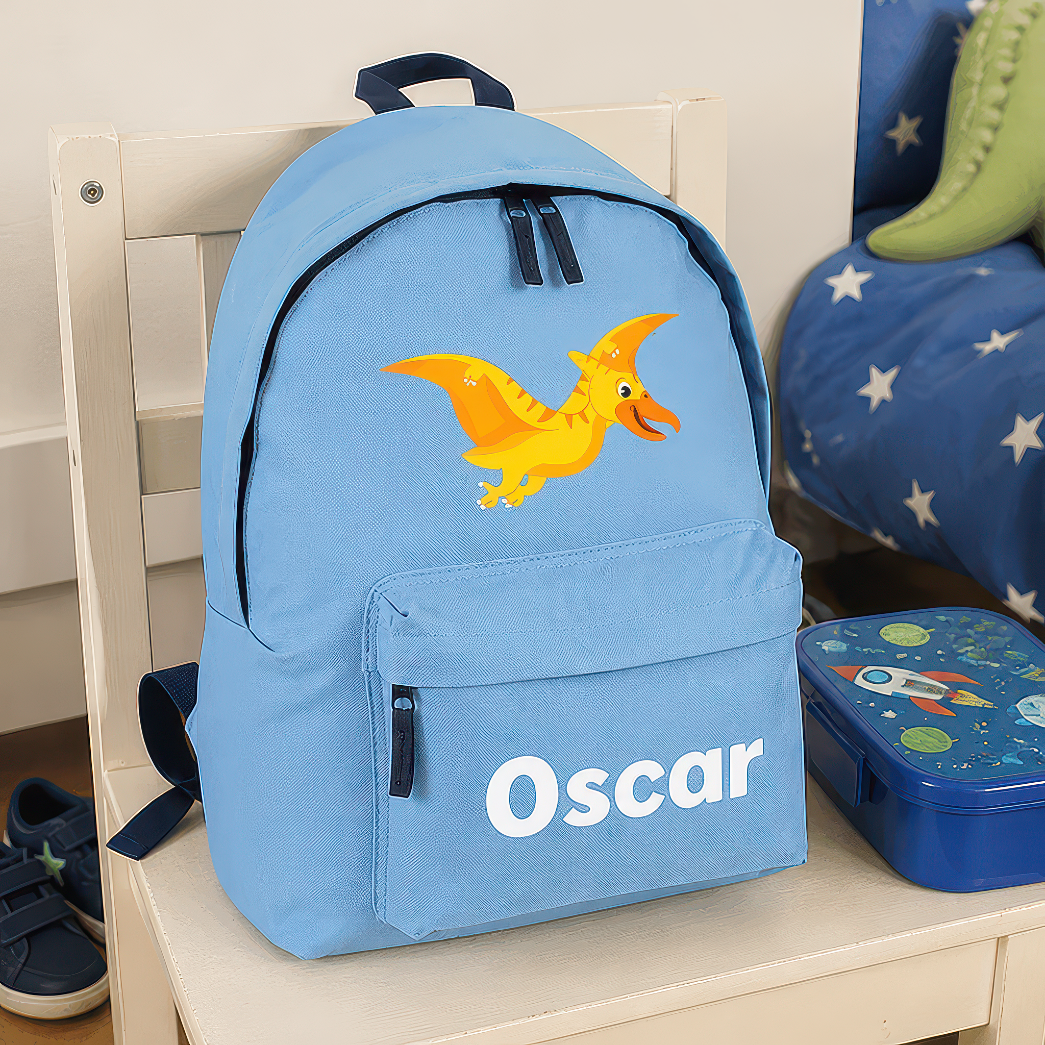 Personalised Flying Dinosaur - Blue Kids Backpack with Name - alternative view