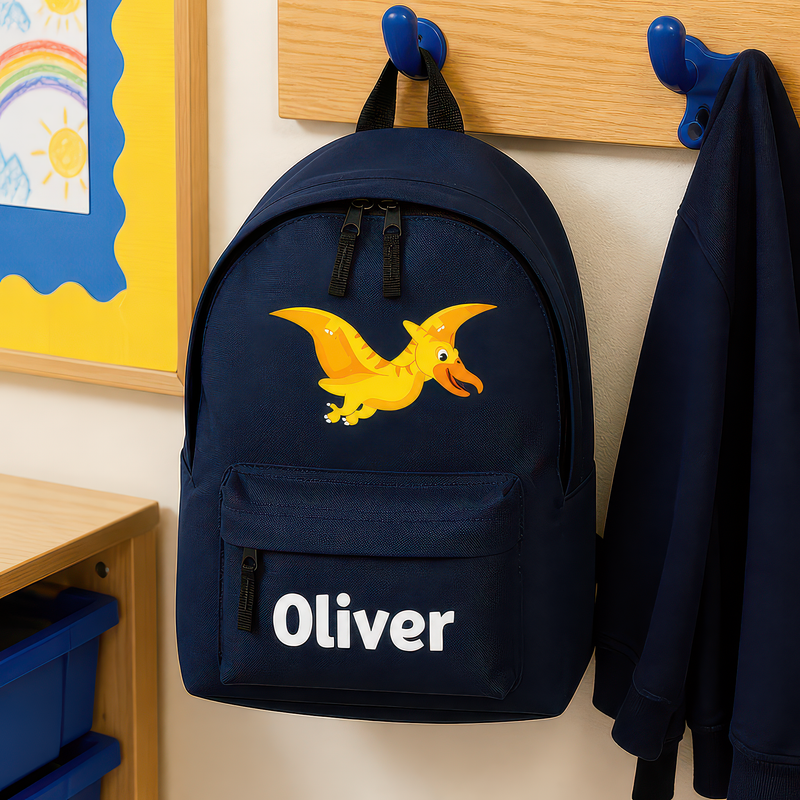 Personalised Flying Dinosaur - Navy Kids Backpack with Name - alternative view