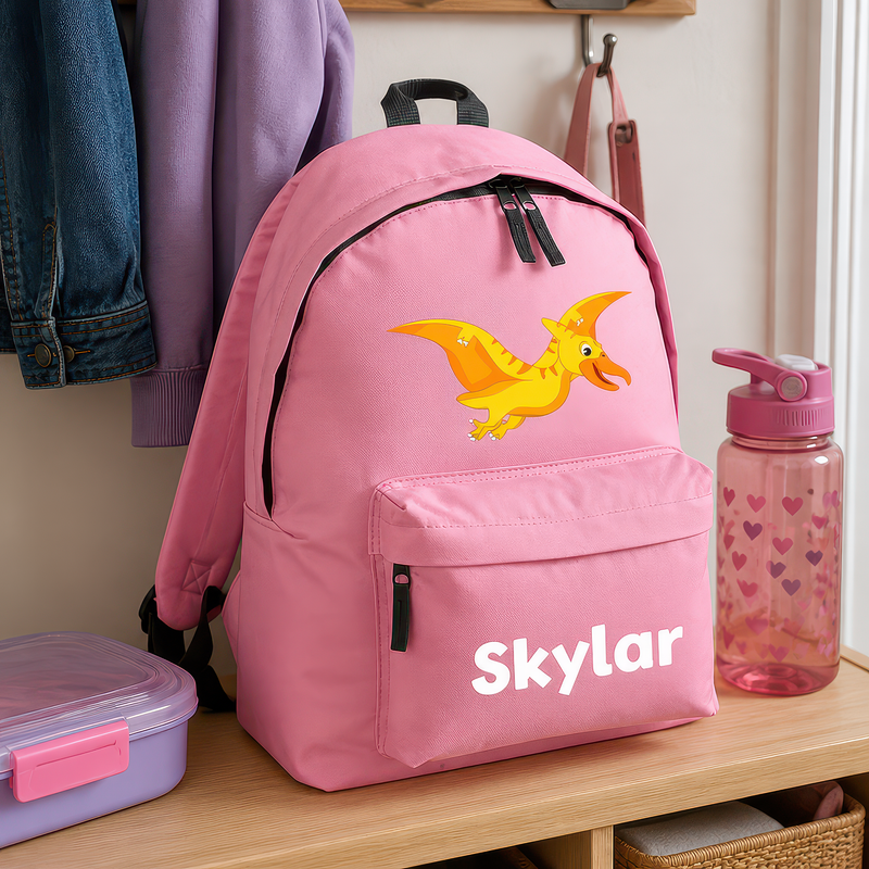 Personalised Flying Dinosaur - Pink Kids Backpack with Name - alternative view