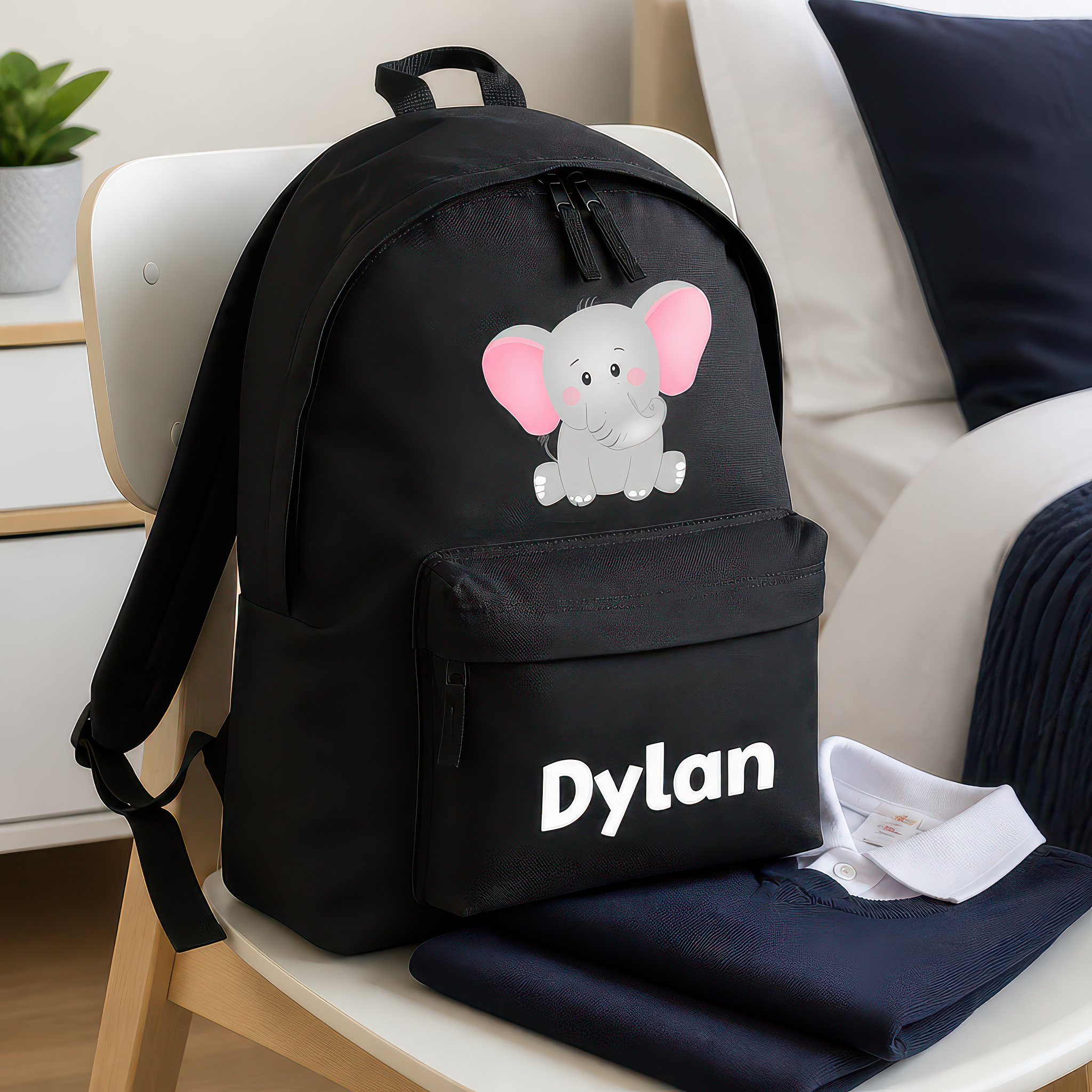 Personalised Elephant - Black Kids Backpack with Name - alternative view