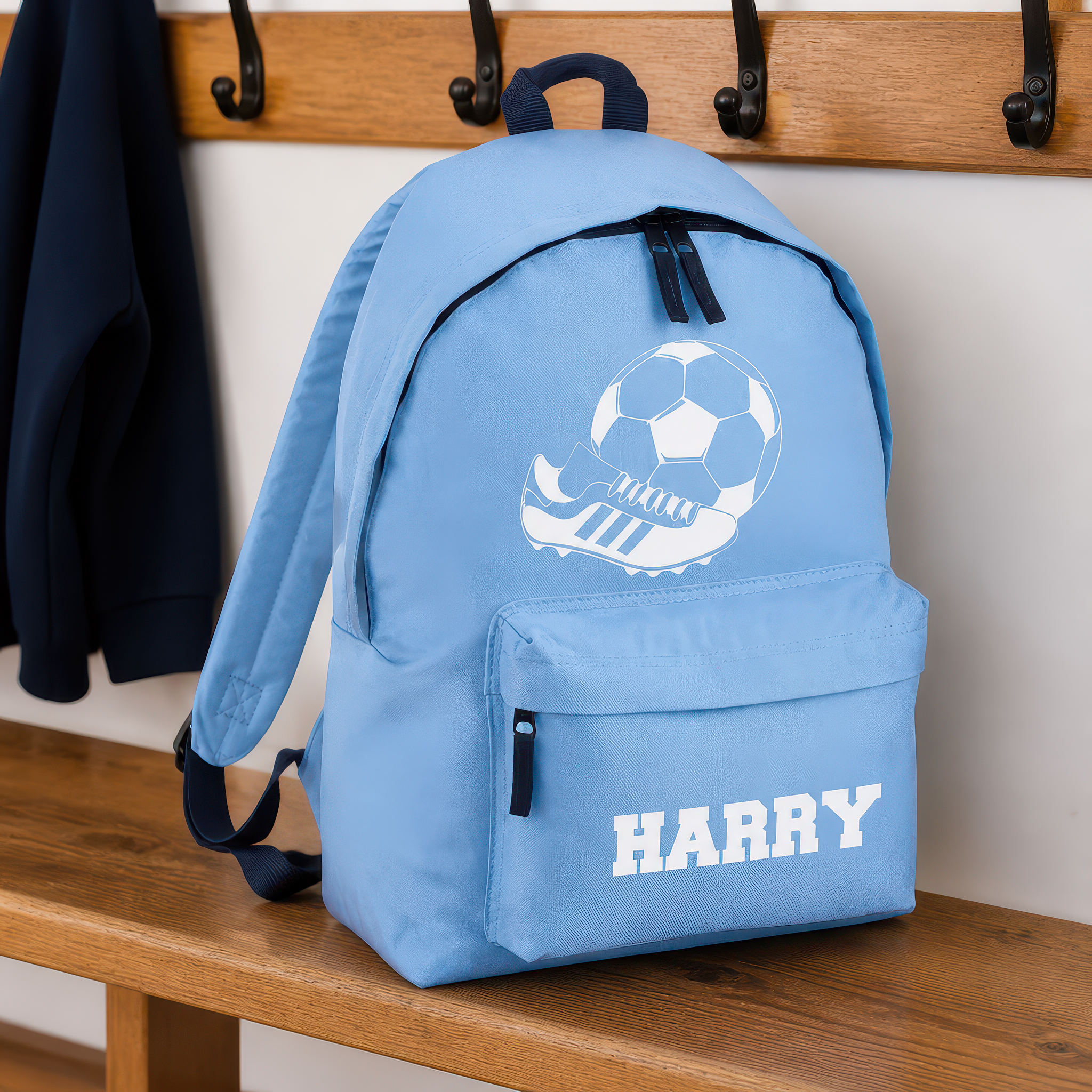 Personalised Football - Light Blue Kids Backpack with Name - alternative view