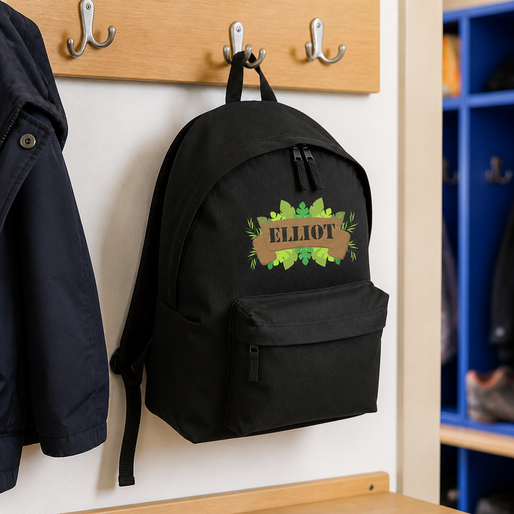 Personalised Jungle Leaves - Black Kids Backpack with Name