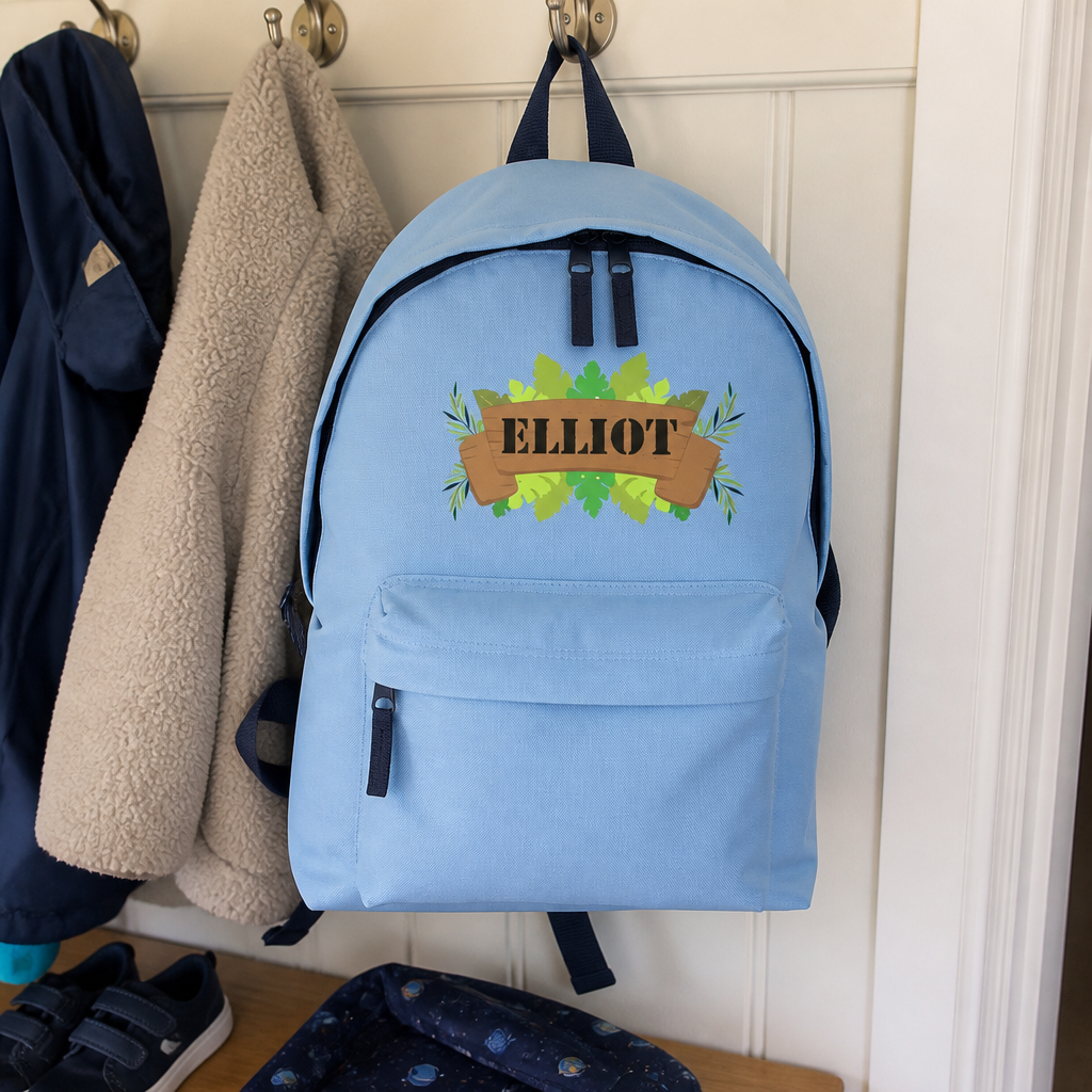 Personalised Jungle Leaves Banner - Light Blue Kids Backpack with Name
