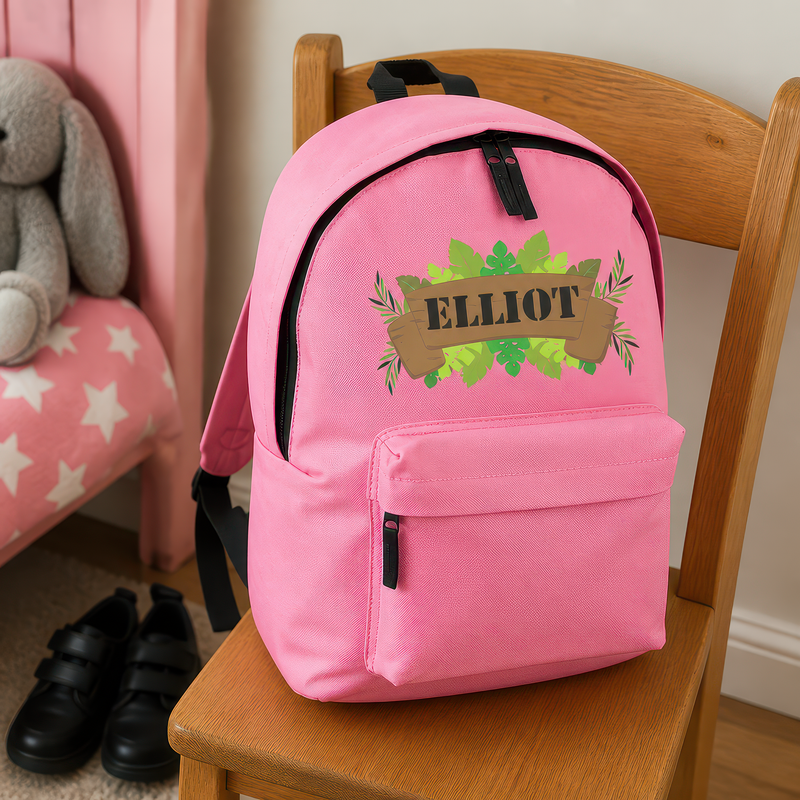 Personalised Jungle Leaves Banner - Pink Kids Backpack with Name - alternative view