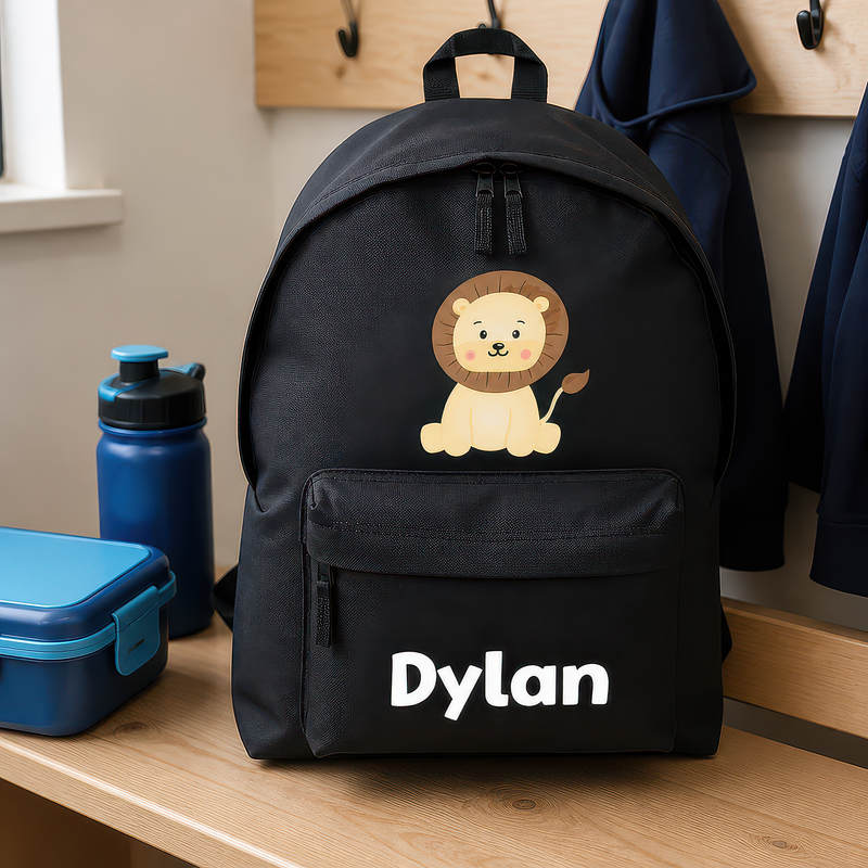 Personalised Cute Lion - Black Kids Backpack with Name - alternative view