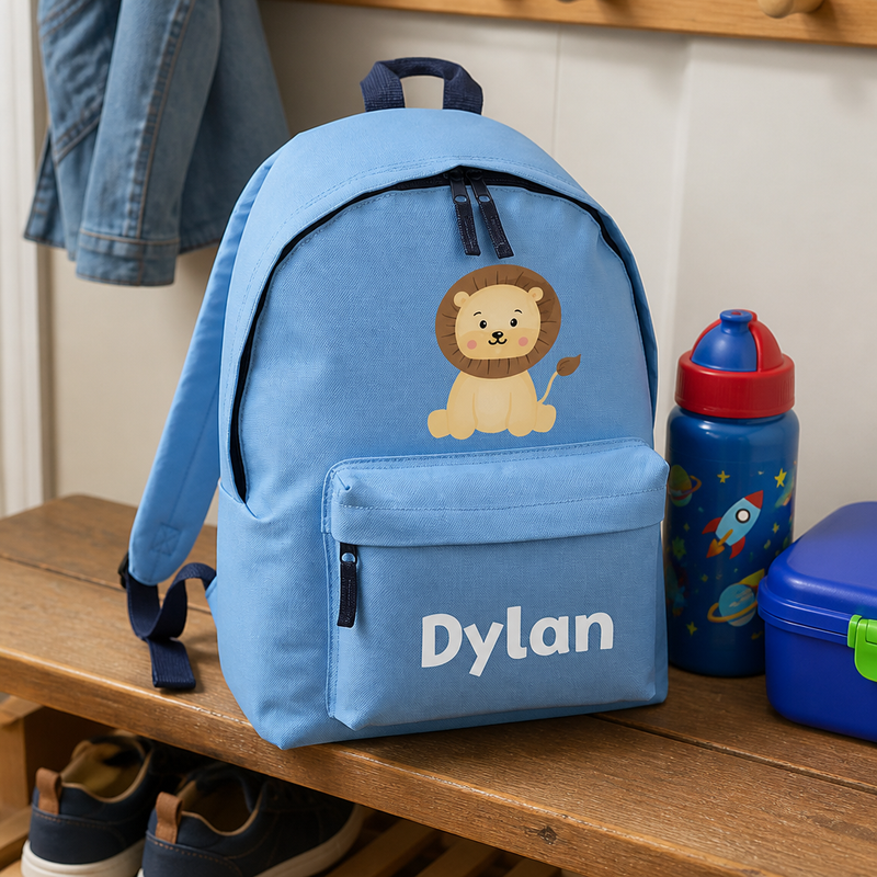Personalised Lion - Light Blue Kids Backpack with Name