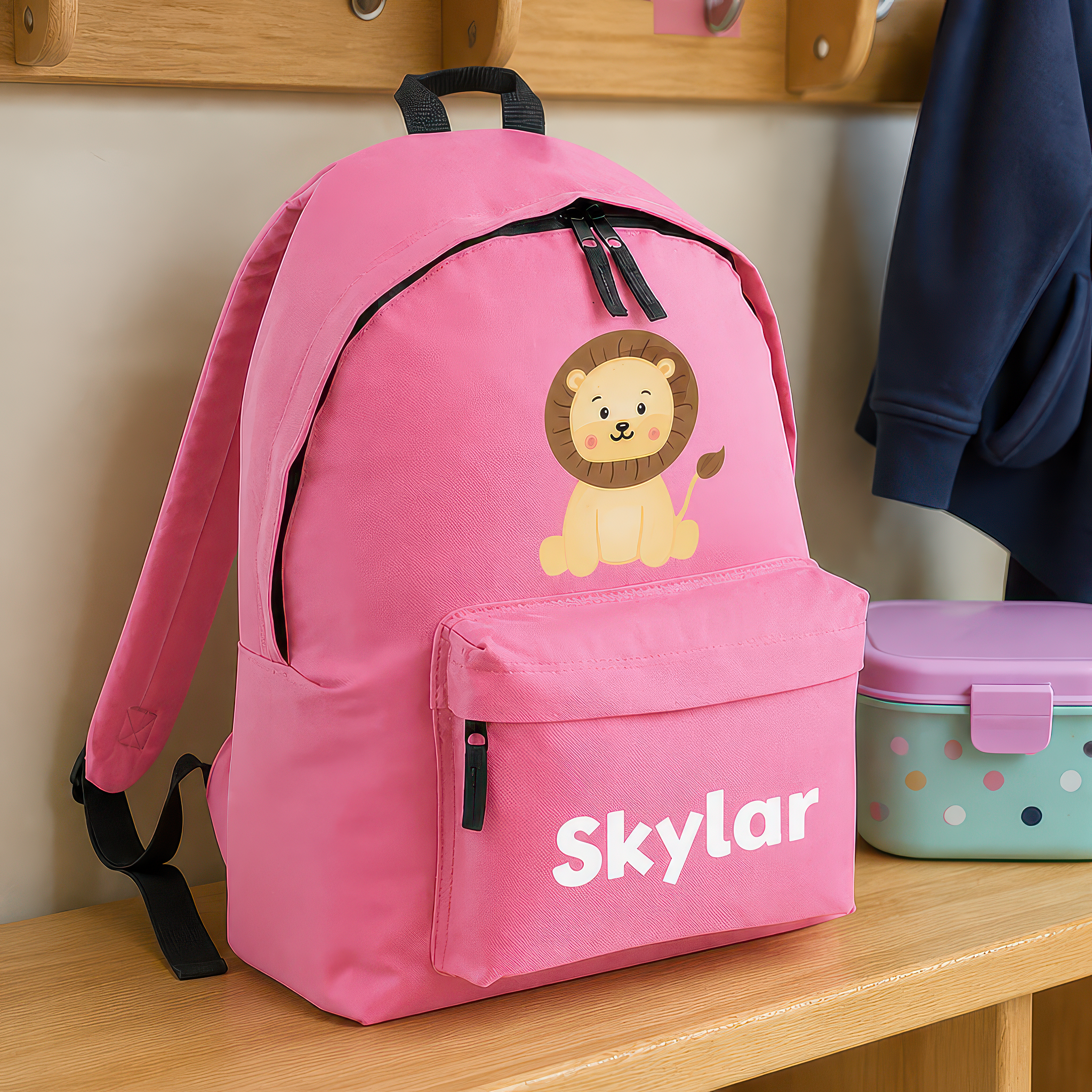 Personalised Cartoon Lion - Pink Kids Backpack with Name - alternative view
