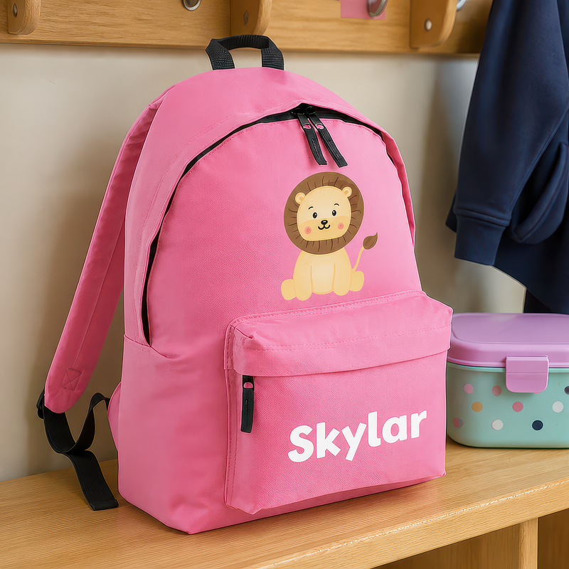 Personalised Cartoon Lion - Pink Kids Backpack with Name - alternative view