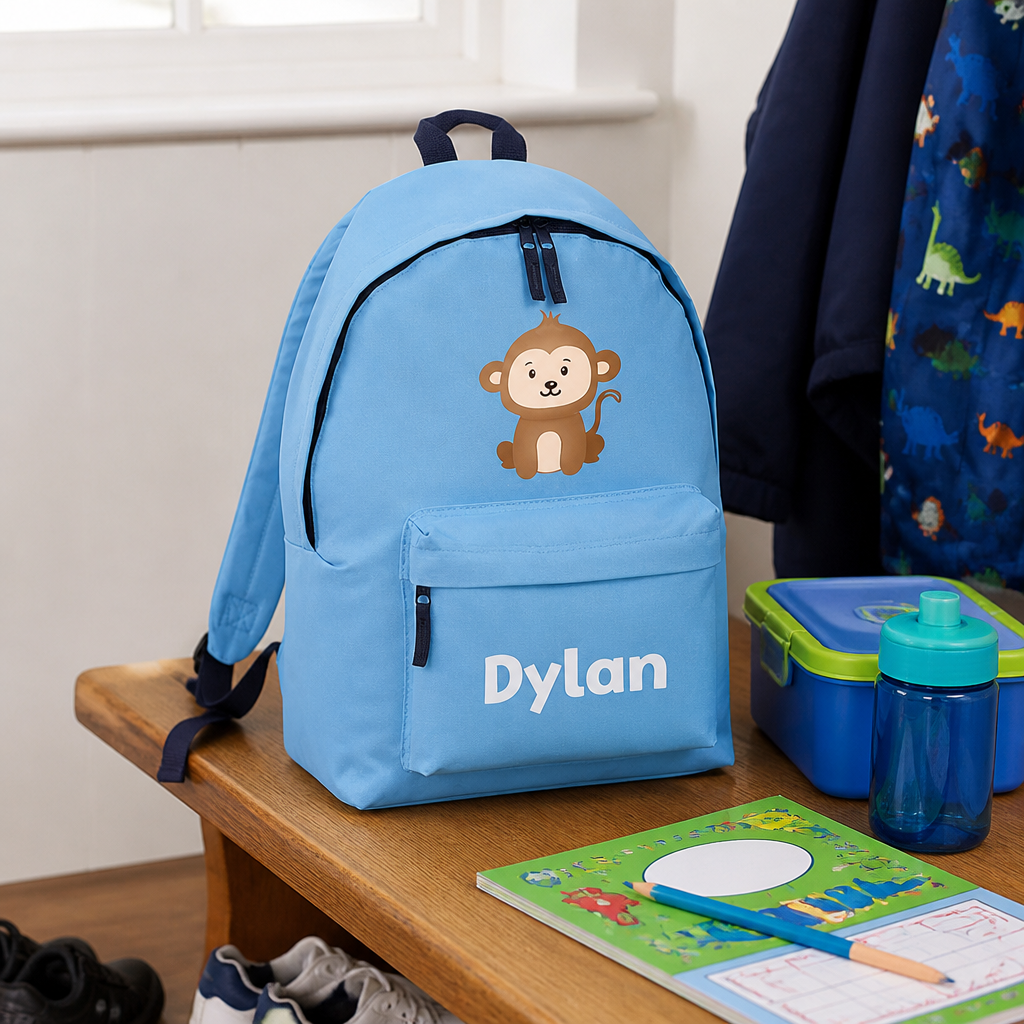 Personalised Monkey - Blue Kids Backpack with Name