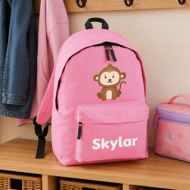 Personalised Monkey - Pink Kids Backpack with Name - alternative view