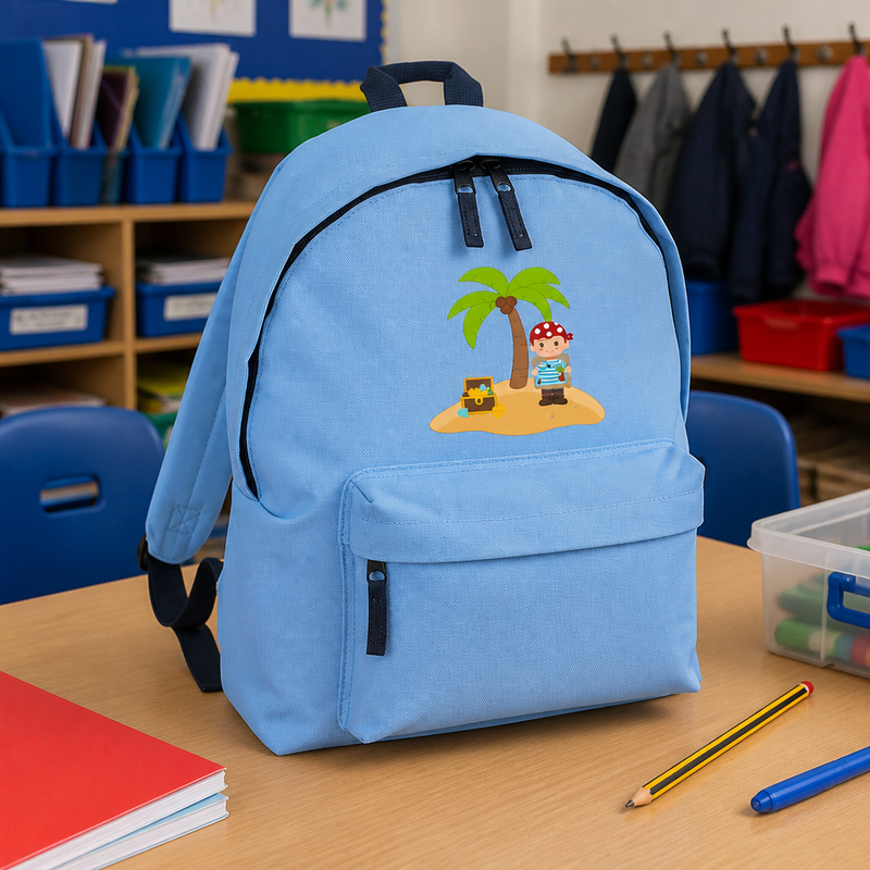 Personalised Pirate Island - Light Blue Kids Backpack with Name