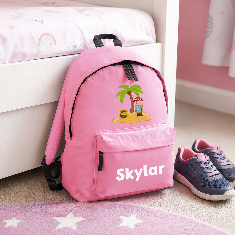 Personalised Pirate Island - Pink Kids Backpack with Name - alternative view