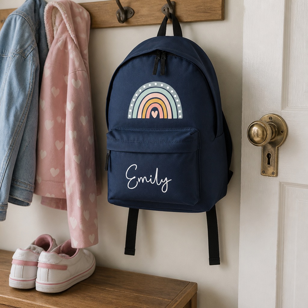 Personalised Boho Rainbow - Navy Kids Backpack with Name