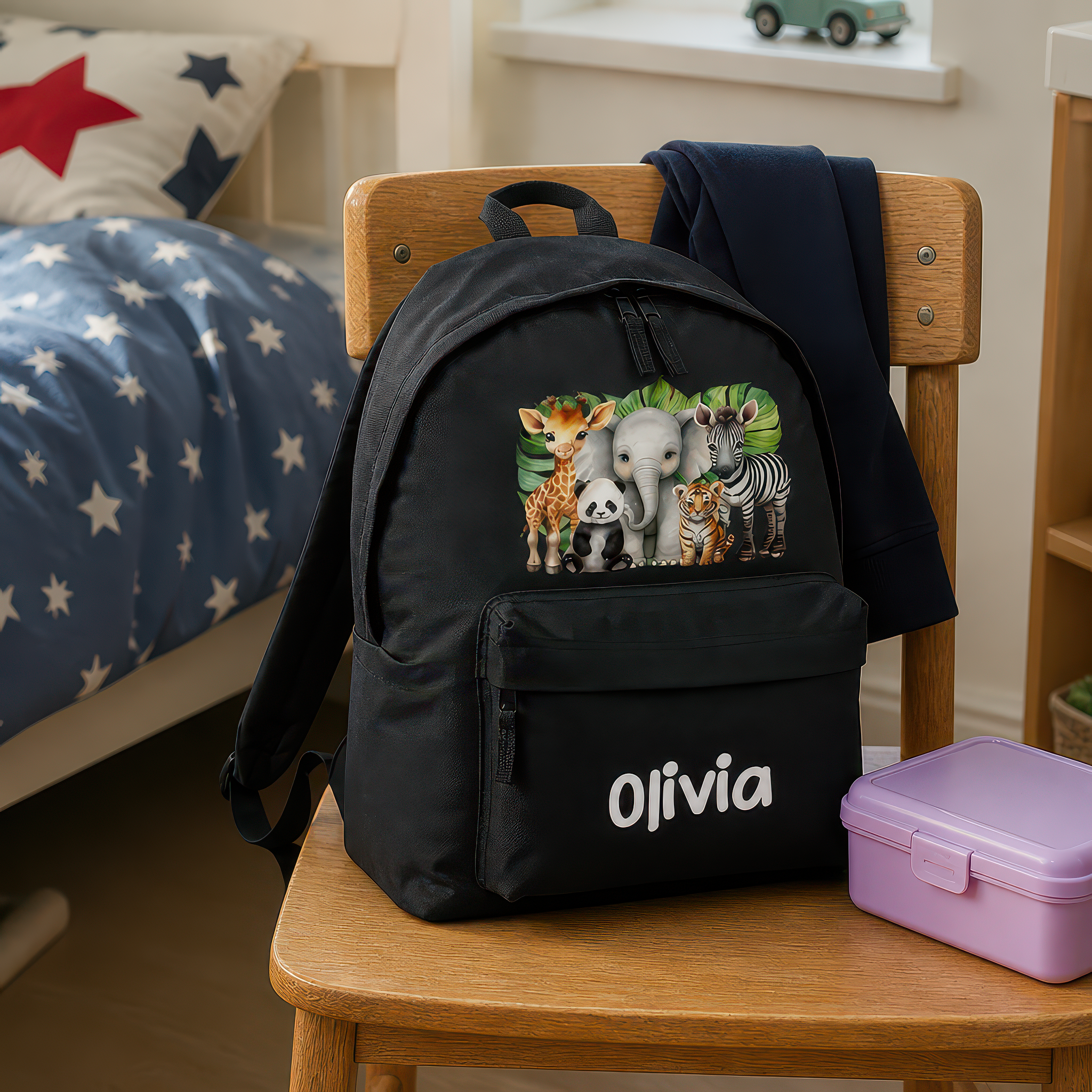 Personalised Safari Animals - Black Kids Backpack with Name - alternative view