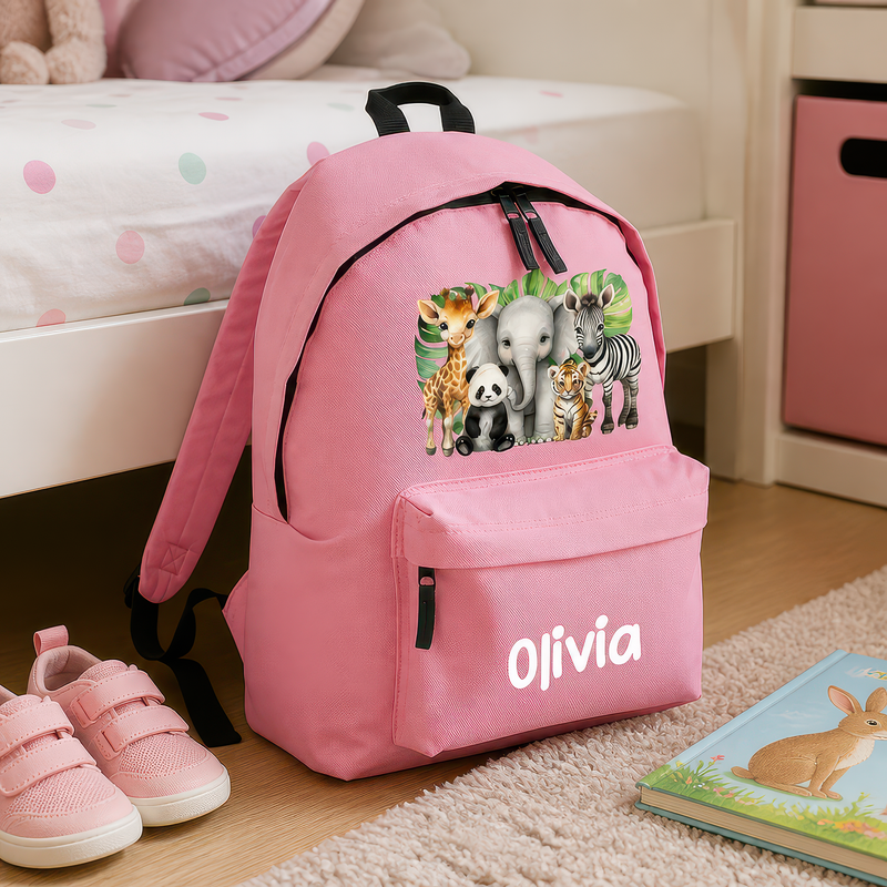 Personalised Safari Animals - Pink Kids Backpack with Name - alternative view