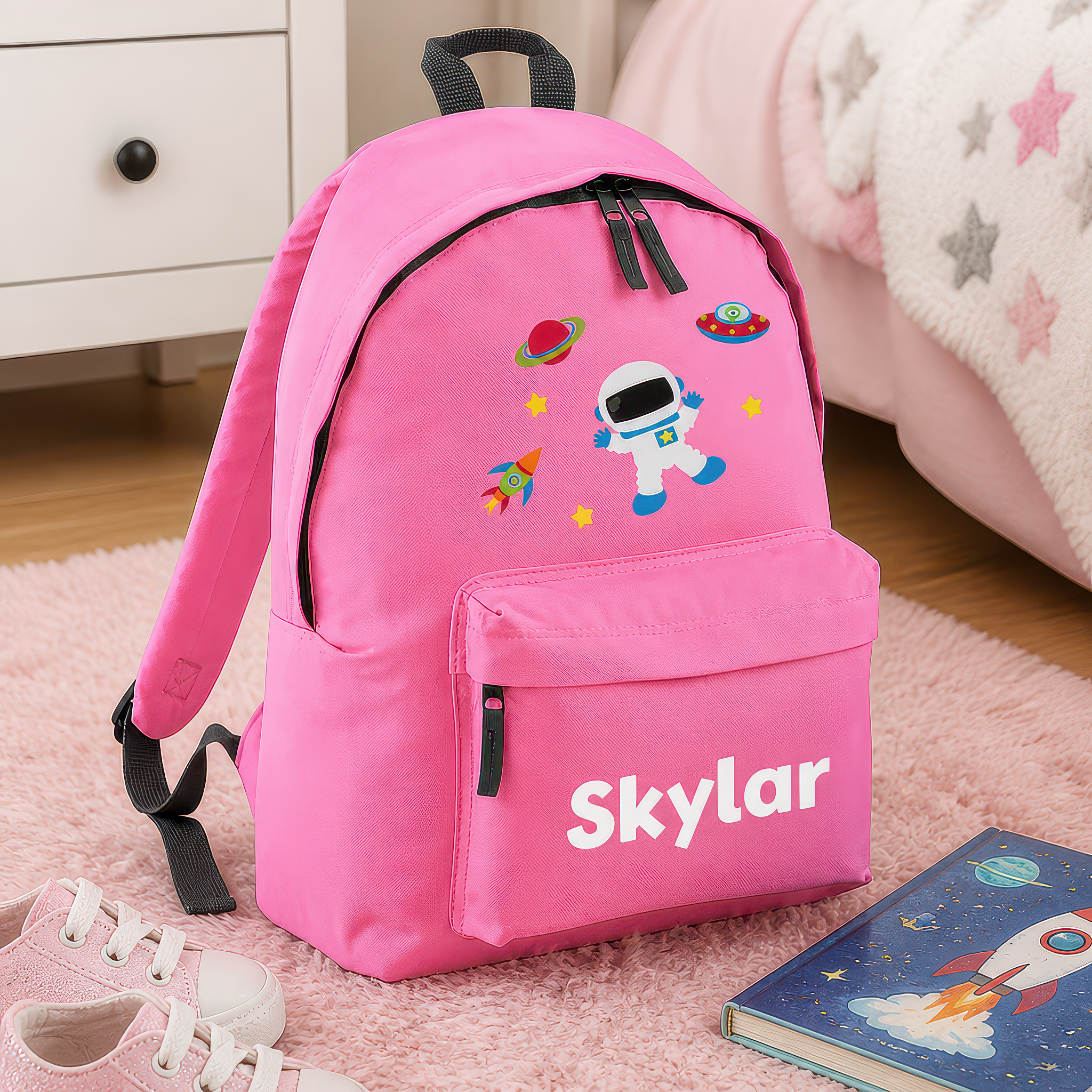 Personalised Space - Pink Kids Backpack with Name - alternative view