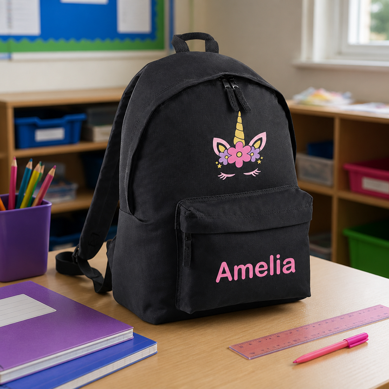 Personalised Unicorn Flower - Black Kids Backpack with Name