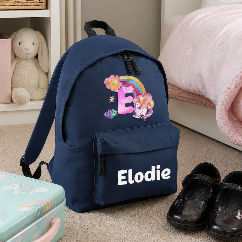 Personalised Unicorn Initial - Navy Kids Backpack with Name and Initial - alternative view