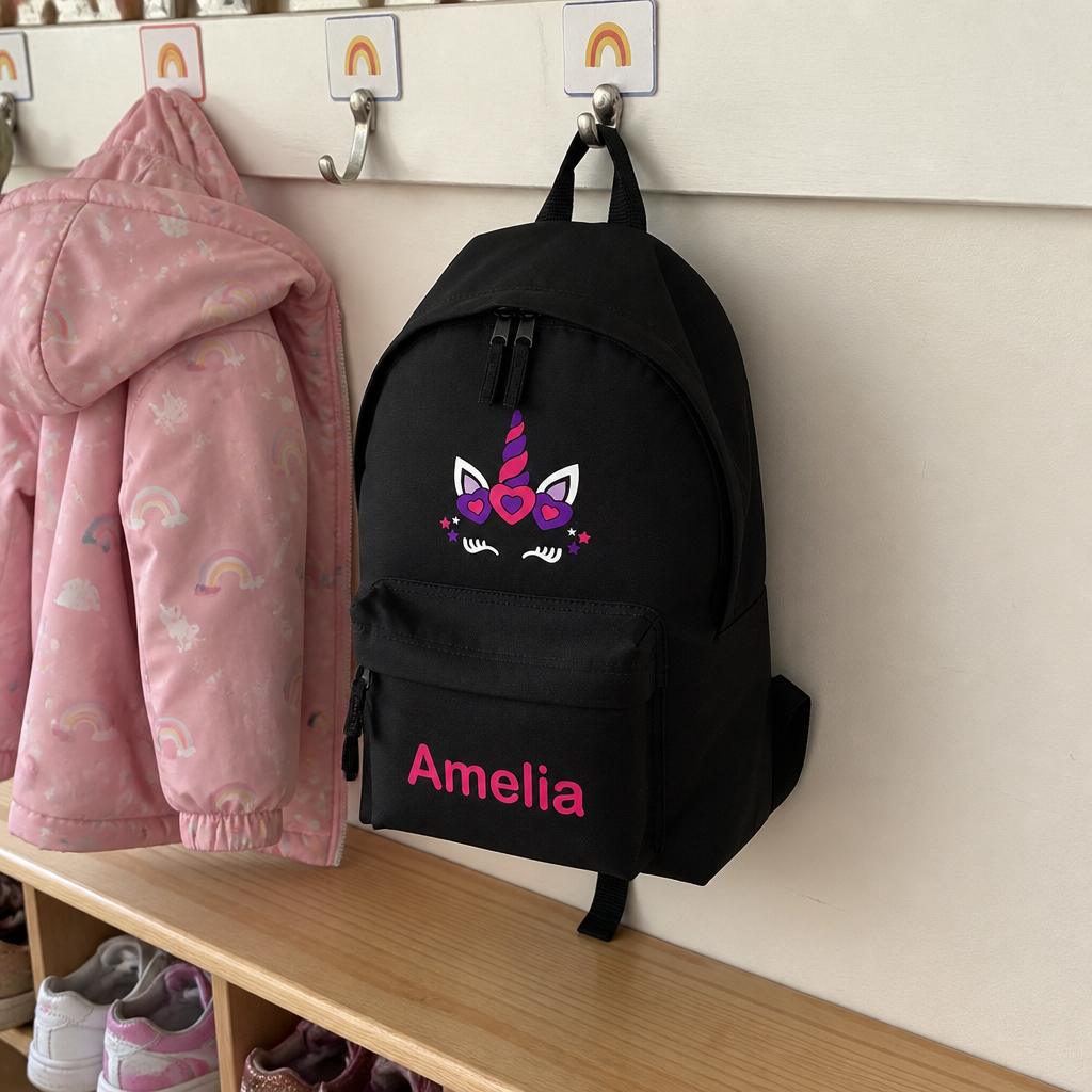 Personalised Unicorn Face - Black Kids Backpack with Name