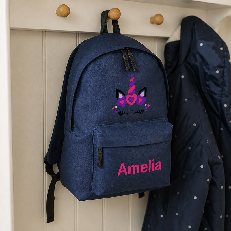 Personalised Unicorn Face - Navy Kids Backpack with Name
