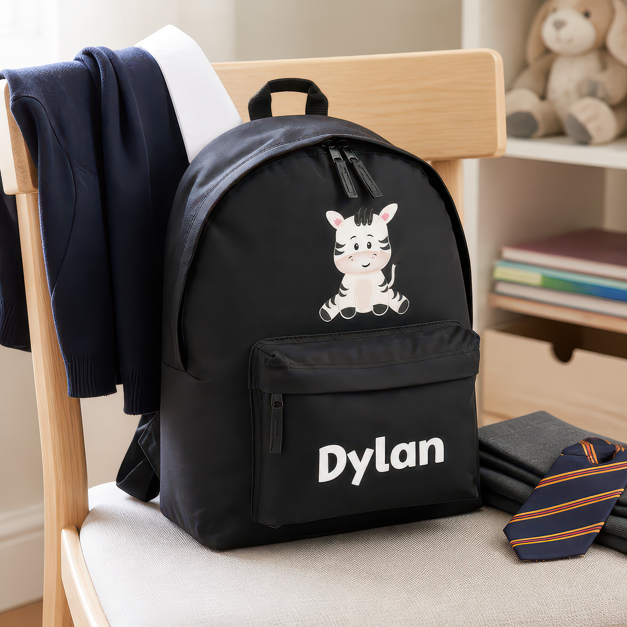 Personalised Zebra - Black Kids Backpack with Name - alternative view
