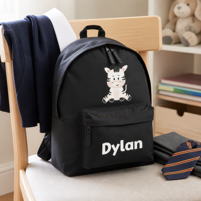 Personalised Zebra - Black Kids Backpack with Name - alternative view