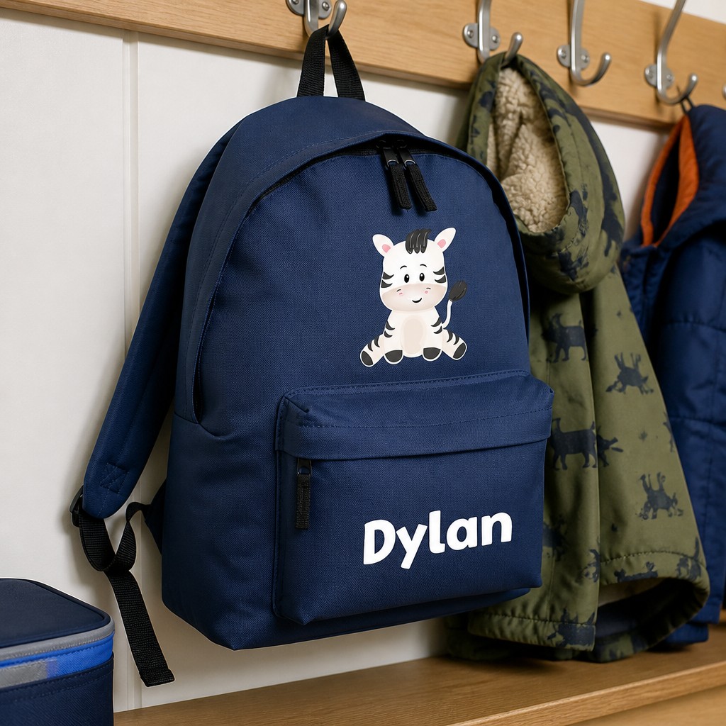 Personalised Cute Zebra - Navy Kids Backpack with Name