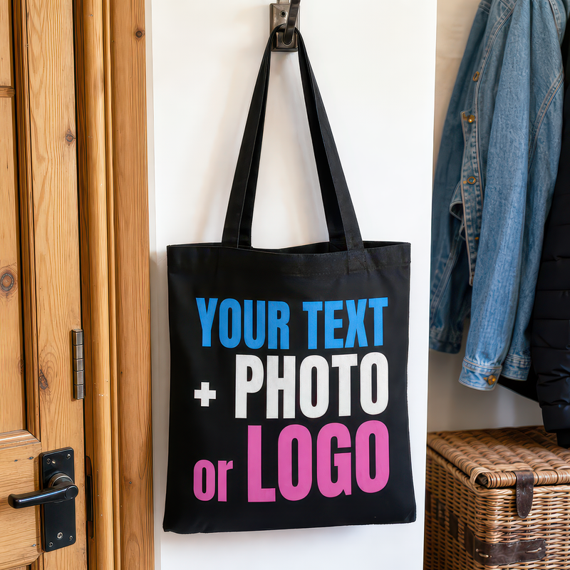 Personalised Black Cotton Tote Bag for Logo, Photo or Text - alternative view