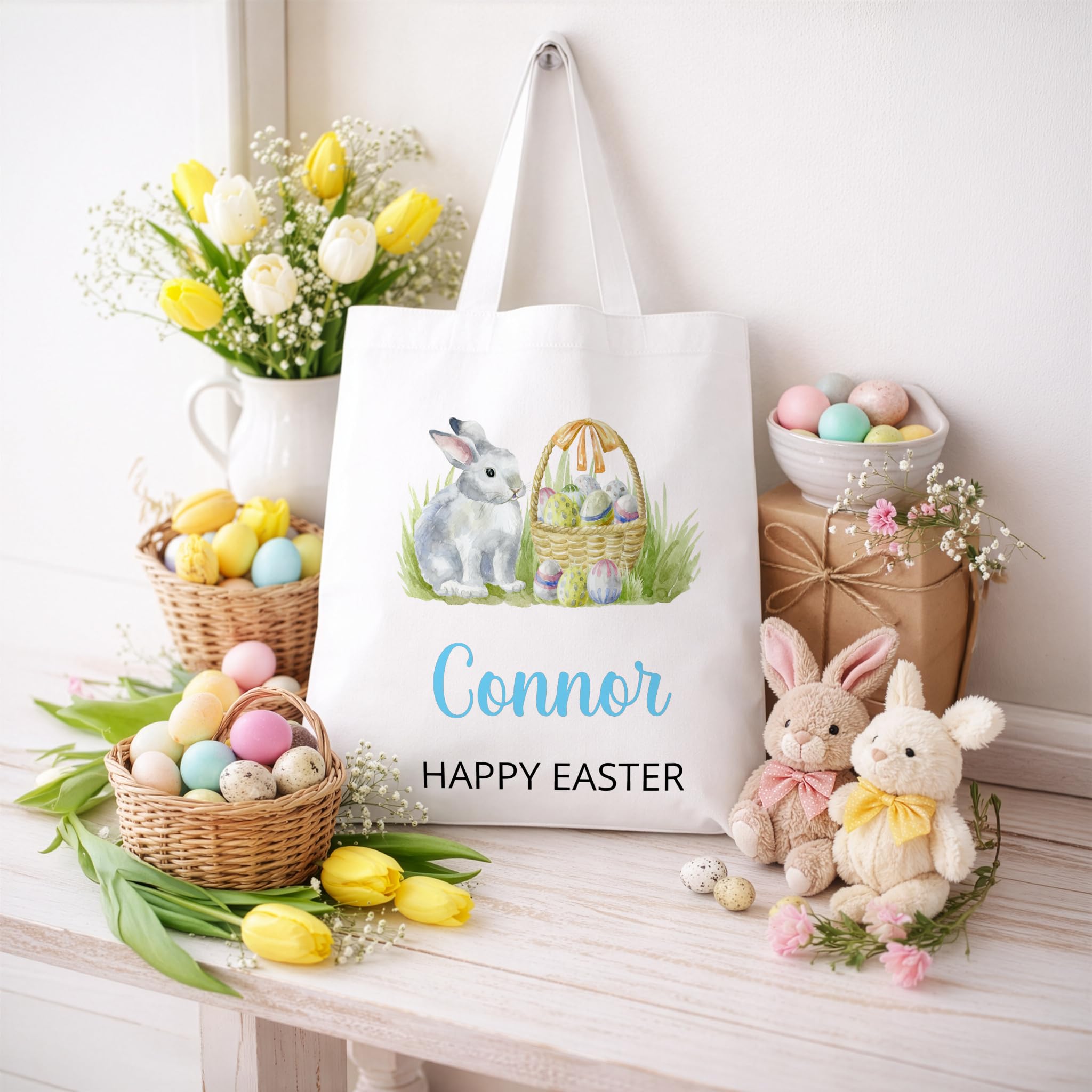 Personalised Blue Easter Bunny Tote Bag with Name and Happy Easter