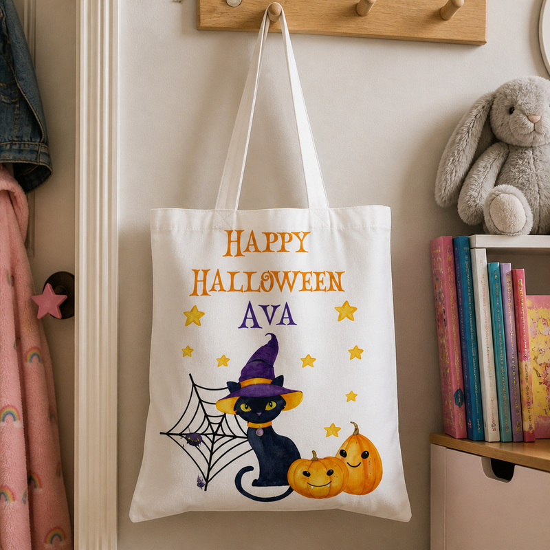 Personalised Cat Trick or Treat Tote Bag with Name
