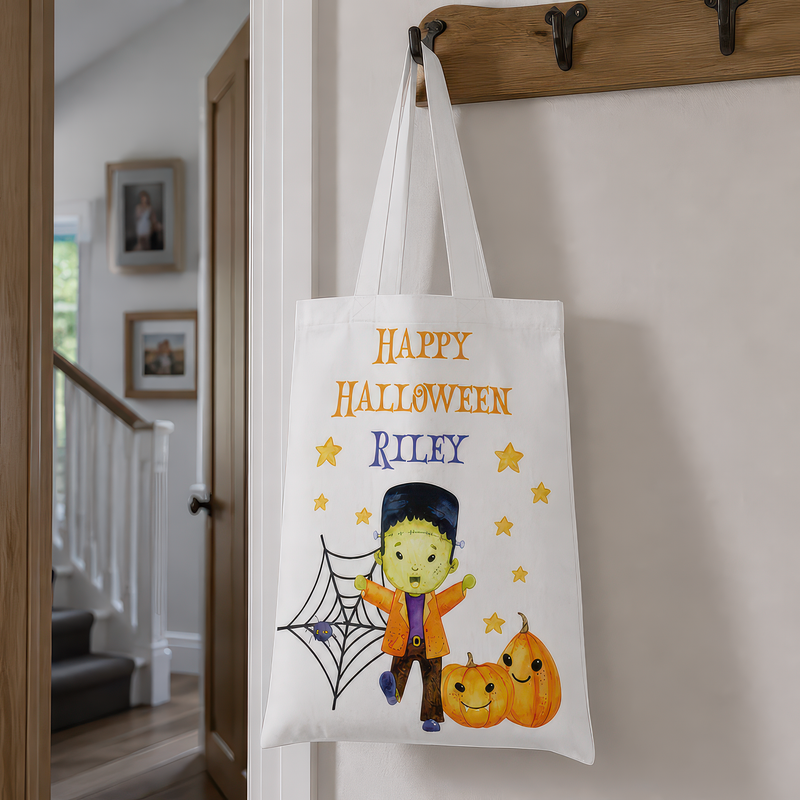 Personalised White Monster Trick or Treat Tote Bag with Name