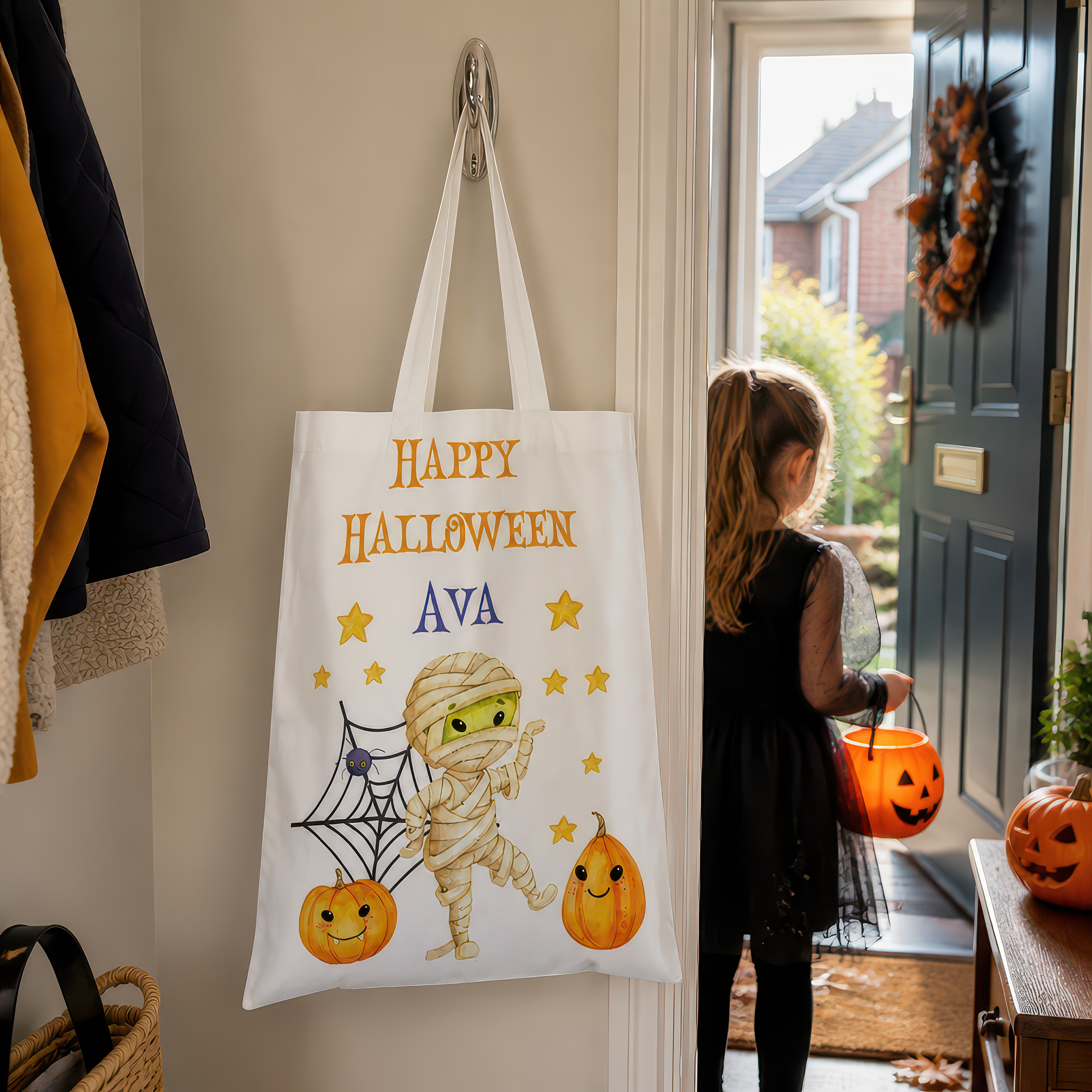 Personalised White Mummy Trick or Treat Tote Bag with Name