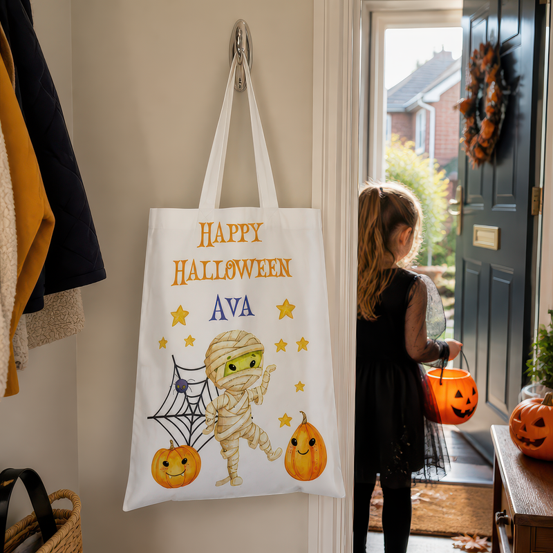 Personalised White Mummy Trick or Treat Tote Bag with Name